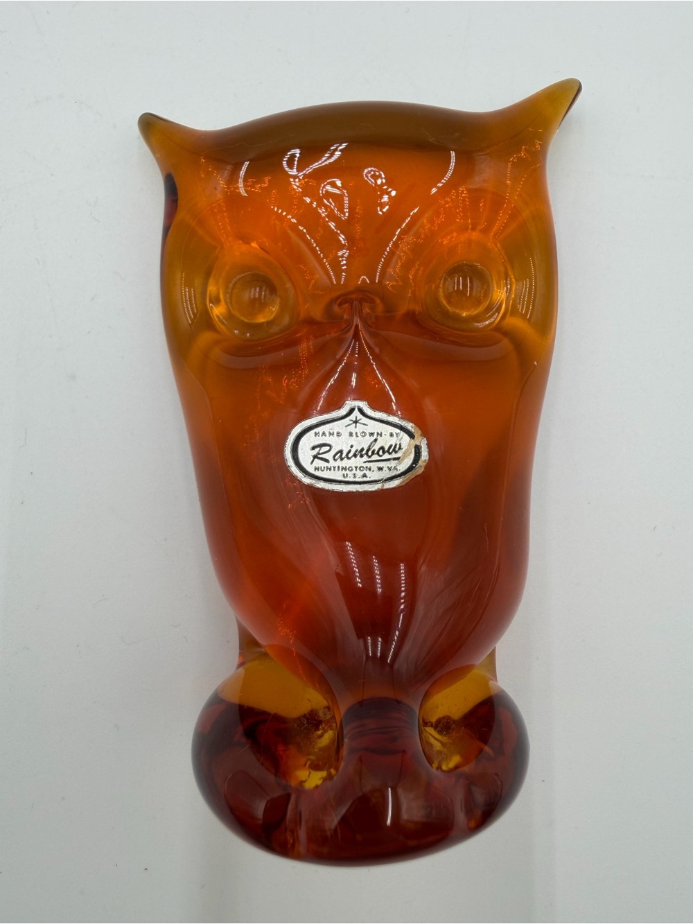 Mid Century Modern Rainbow Viking Glass Owl Epic Orange Amber Vintage